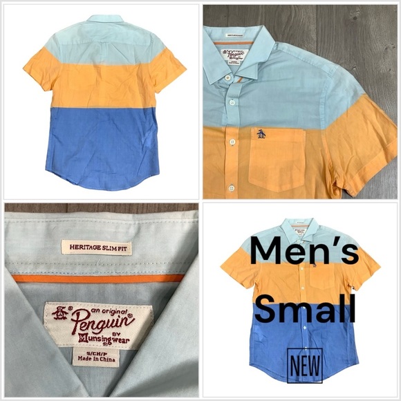 Men's Penguin Small Button Front Shirt Block Colors Short Sleeve Casual NWOT - Picture 1 of 11